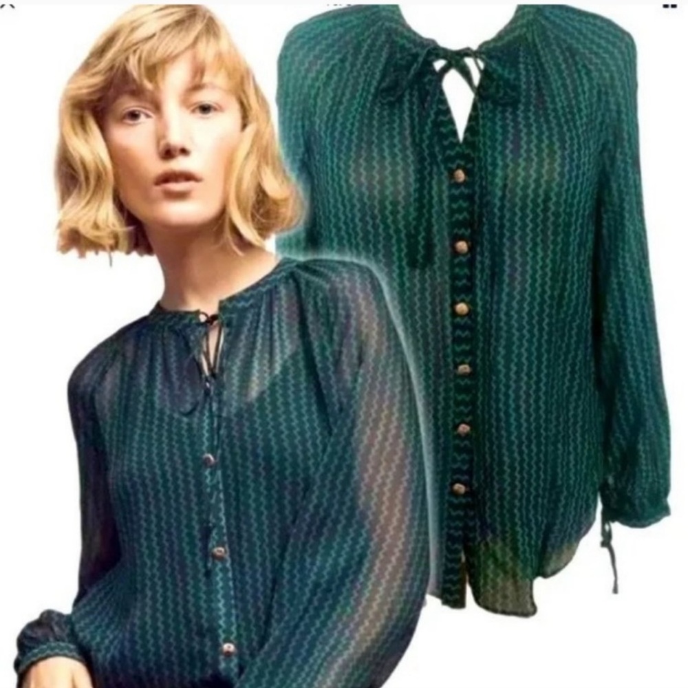 Maeve Anthropologie Della Sheer Chevron Button Up Long Sleeves Top Medium